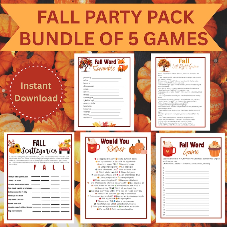 Fall Party Games Bundle – 5 Printable Autumn Games Pack | Thanksgiving ...