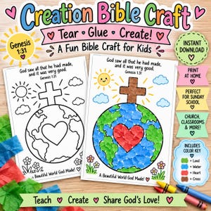 May include: A printable Creation Bible Craft activity sheet for kids featuring a line art template and a completed version. The design shows a globe with a heart, a cross, a sun, and flowers, with the text God saw all that he had made.