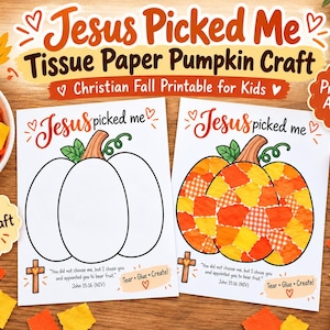 Manualidad imprimible de calabaza "Jesús me eligió", manualidad cristiana de otoño para niños, actividad para la escuela dominical, calabaza de papel rasgado, manualidad bíblica