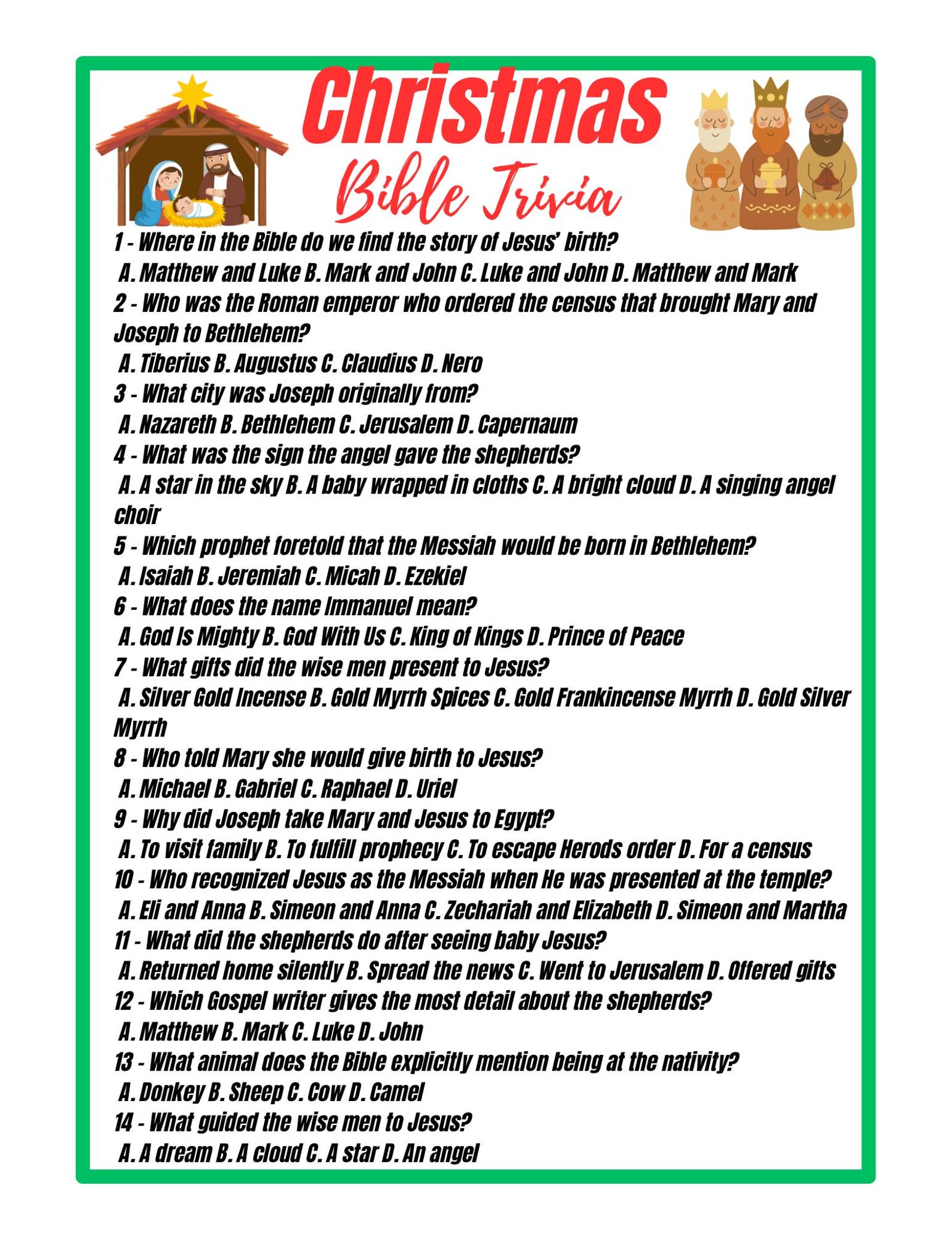 Christmas Bible Trivia Game Printable | Christian Christmas Party Game ...