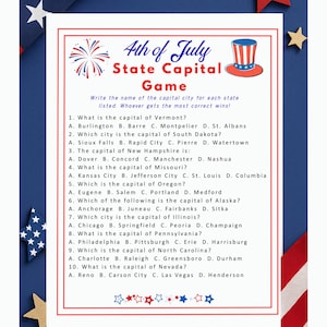 State Capitals Trivia Game Printable – 4th of July Quiz, USA Geography Multiple Choice Game, Educational Party Activity, Instant Download