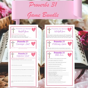 May include: A pink game bundle with the text "Proverbs 31 Game Bundle" and several matching game sheets. The sheets include trivia, matching, and reflection activities, all with a religious theme.