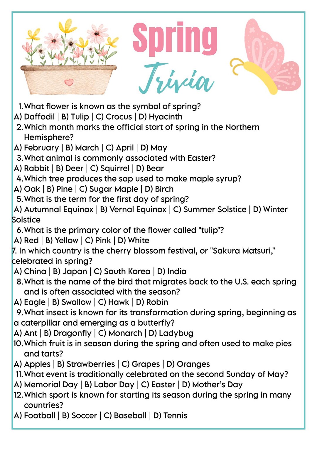 Spring Trivia Pdf Spring Trivia Printable Game - Instant Download for Parties, Family Fun ...