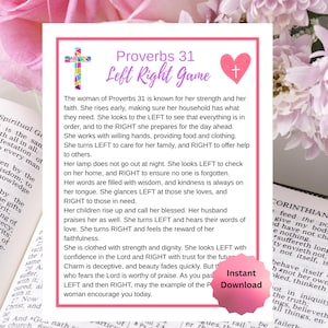 Può includere: Una scheda rosa e bianca con il testo "Proverbi 31 Left Right Game" e una grafica a croce e cuore. La scheda include il testo di Proverbi 31 e un pulsante che dice "Download istantaneo".