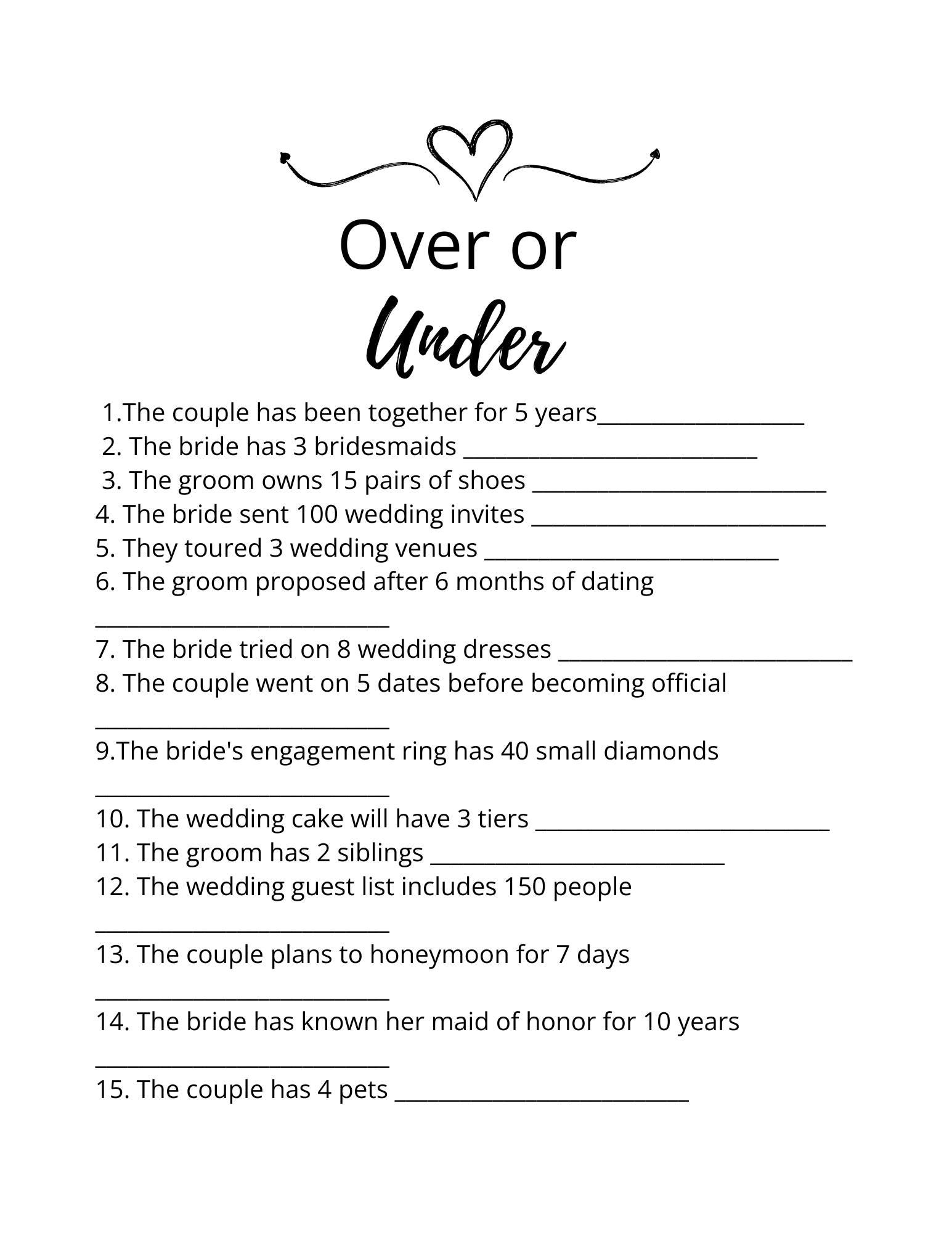 Minimalist Bridal Shower Game: Over or Under Game (printable PDF) - Etsy