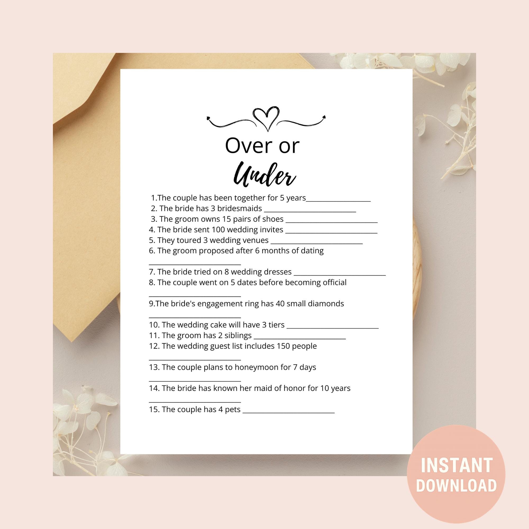 Minimalist Bridal Shower Game: Over or Under Game (printable PDF) - Etsy