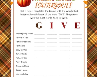 May include: Thanksgiving Scattergories game sheet with a pumpkin graphic and fall colors. The game prompts players to fill in blanks with words starting with the letters G, I, V, and E. Includes categories like Thanksgiving foods and fall activities.