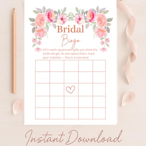 Juego de bingo nupcial imprimible / Juego de despedida de soltera con flores rosas / Actividad divertida para bodas / Tarjeta de bingo con flores rosas / Descarga instantánea en PDF