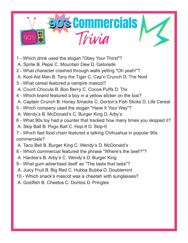 90s Commercial Trivia Game | Printable 90s Party Game | Instant ...