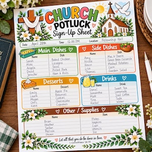Pode incluir: Uma folha de inscrição para um almoço comunitário na igreja com cabeçalhos coloridos para pratos principais, acompanhamentos, sobremesas, bebidas e suprimentos. Inclui ilustrações de uma cruz, uma igreja e lírios brancos.