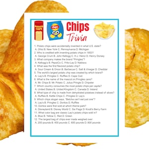 May include: A trivia game about potato chips, featuring a blue bag of chips with a cartoon face, a bowl of chips, and a can of potato chips. The text reads "Chips Trivia" with multiple-choice questions.
