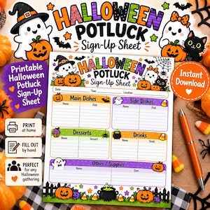 Peut inclure: Une feuille d'inscription pour un repas de Halloween avec des en-têtes colorés pour les plats principaux, accompagnements, desserts, boissons et fournitures. Le document présente des illustrations de fantômes, citrouilles, chat noir et chauves-souris.