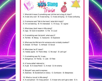 90s Slang Trivia Game: Printable Party Game (Instant Download
