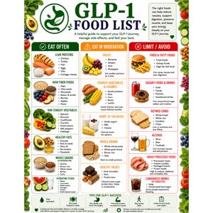 May include: A GLP-1 food list chart featuring three color-coded columns: green for eat often, orange for eat in moderation, and red for limit or avoid. The poster includes illustrations of various foods, text categories, and tips for success.