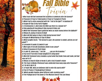 May include: A Fall Bible Trivia game on a white background, featuring a decorative border of autumn leaves and pumpkins. The trivia questions are about the Bible, with multiple-choice answers. The title "Fall Bible Trivia" is at the top.