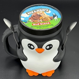 Pebbles the Penguin Pint Ice Cream Holder with Handle – Reusable Mug, Built-In Spoon Slot,  Comfortable Grip,  Fits standard ice cream pints