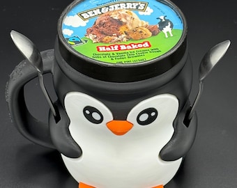 Pebbles the Penguin Pint Ice Cream Holder with Handle – Reusable Mug, Built-In Spoon Slot,  Comfortable Grip,  Fits standard ice cream pints
