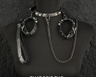 Handmade Luxe Pearls & Spikes Bondage Set – Matching Collar, Cuffs, and Chain Leash - Black Set for Spicy Time