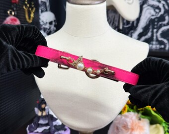 Limited Edition-Handmade Heat Reactive Rouge Leather Choker,  Color-Changing Collar with Leopard Accent & Pearl Details
