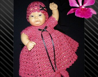 Dress set for preemie or 18" doll crocheted in soft red and black for a coming home outfit, baby shower gift, or doll display