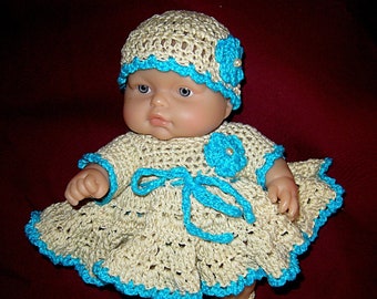 Dress set for 8" Berenguer doll or Lil' Cutesie doll crocheted in ecru and blue ready to ship for little girl's gift or collector's display