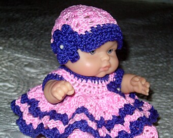 Dress set for the 8" Berenguer doll or the Lil' Cutesie doll crocheted in pink and blue ready to ship for gift for little girl or display