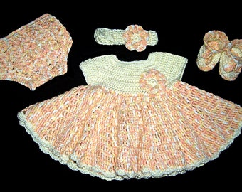 Dress set 3-6M for baby girl crocheted in cream and light coral, ready to ship for outings, parties, special event, birthday