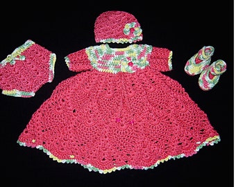 Dress set 0-3M crocheted in soft red and green, red, white, and yellow, ready to ship for baby shower gift or bring me home outfit