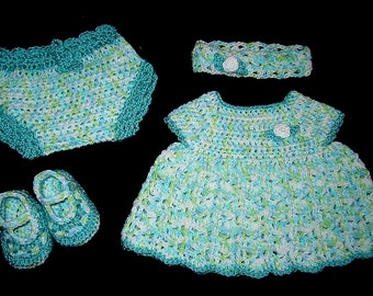 Dress set 0-3M for baby girl, crocheted in multi-green and white, ready to ship for baby shower gift, or a coming home outfit