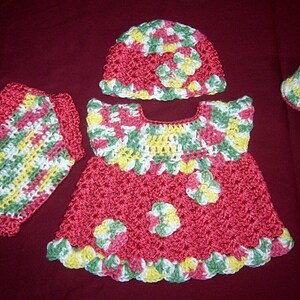 Dress set 0-3M for baby girl crocheted in soft red with green, white, yellow and soft red ready to ship for coming home set or baby shower
