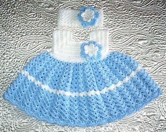 Dress set 3-6M for baby girl crocheted in blue and white ready to ship