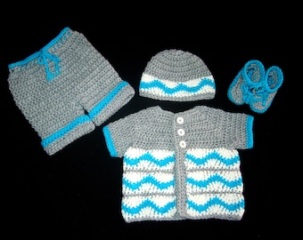 Baby boy crochet pant set 0-3M in grey, white, and blue, ready to ship