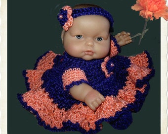 Dress set for the 8" Berenguer doll or Lil' Cutesie doll crocheted in coral/blue ready to ship for little girl's gift or collector's display