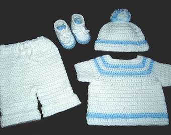 Baby boy crochet pant set 0-3M in white and blue, ready to ship for coming home outfit, baby shower gift, gift for new mom