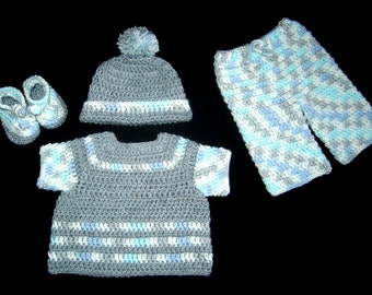 Baby boy crochet pant set 0-3M in grey paired with grey, blue, white, ready to ship for coming home outfit, or baby shower gift