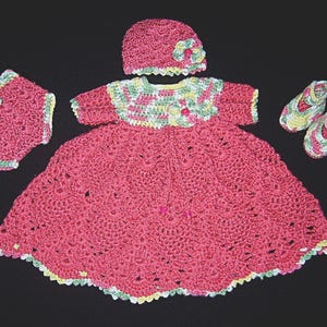 Dress set 0-3M crocheted in soft red and green, red, white, and yellow, ready to ship for baby shower gift or bring me home outfit
