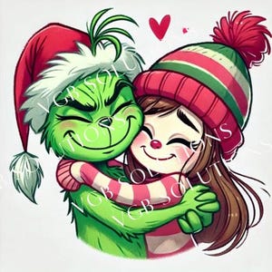 Grinch and cartoon girl hugging