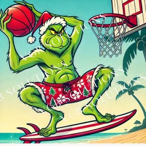 May include: A green, cartoon Grinch character wearing a Santa hat and red and white patterned swim trunks is riding a surfboard while holding a basketball. The Grinch is about to dunk the basketball into a hoop on a wooden backboard.