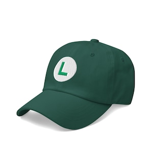 Luigi L Embroidered Ball Cap | 100% Cotton | Super Mario Bros Halloween Costume | Green Luigi Hat With Brim | Mario Nintendo Gift Ideas