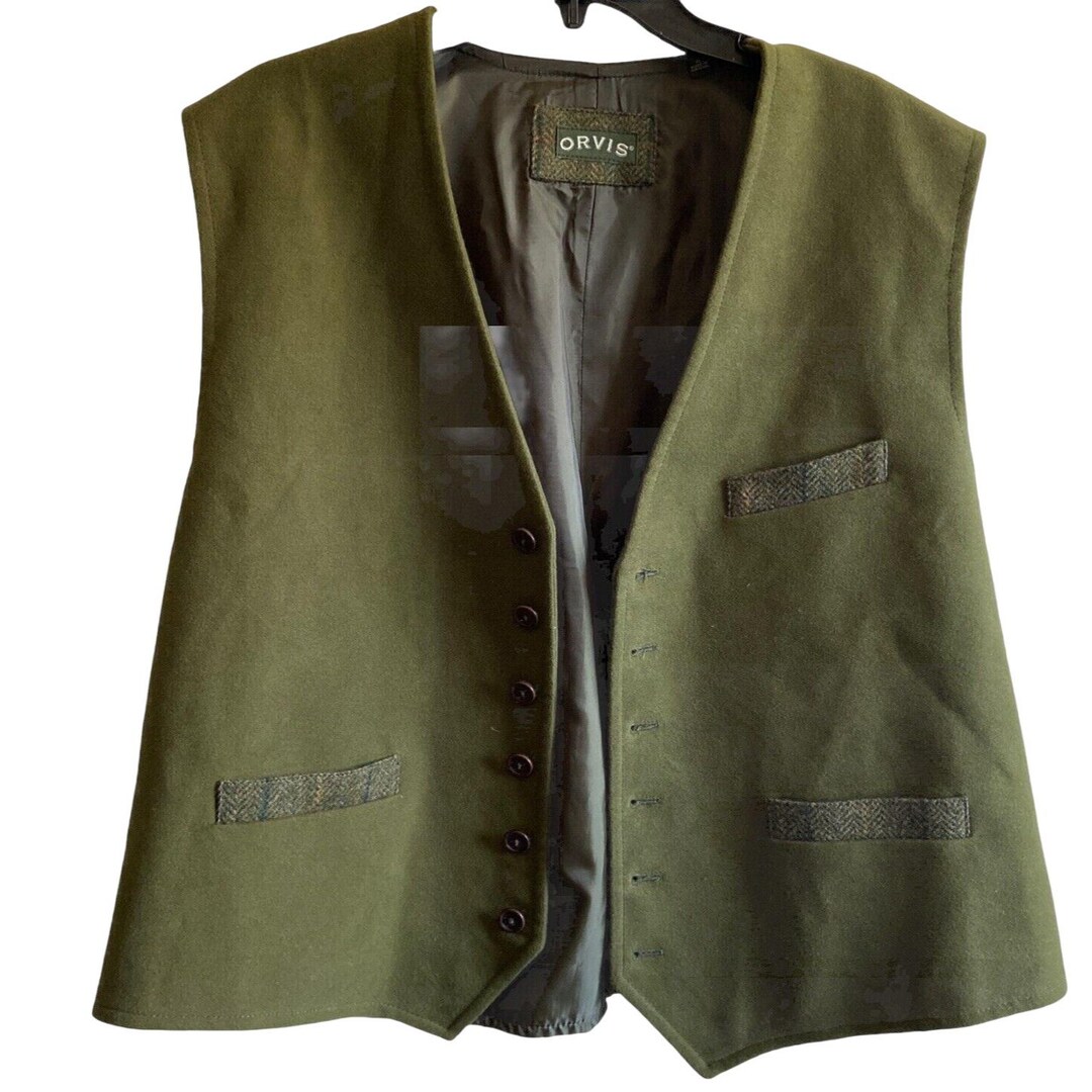 Orvis Vest XL Mens Wool Tweed Herringbone 6 Button Vintage Green Madein