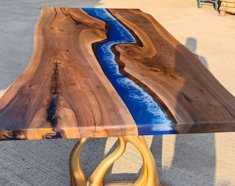 Handmade Walnut Epoxy River Table – Custom Live Edge Dining Table, Office Desk, Resin Meeting Table, Personalized Wood & Legs