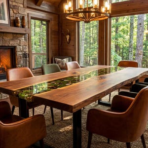 May include: A rustic dining room featuring a large wooden table with a river of green and clear resin. Surrounding the table are leather and green upholstered chairs. A stone fireplace and large windows with a forest view complete the scene.