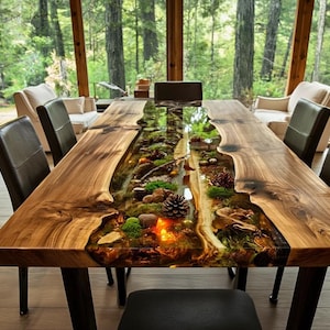 May include: A long, wooden dining table with a river of resin running down the center, filled with moss, rocks, and a pinecone. The table is supported by black metal legs and surrounded by black leather chairs.