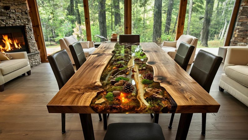 May include: A long, wooden dining table with a river of resin running down the center, filled with moss, rocks, and a pinecone. The table is supported by black metal legs and surrounded by black leather chairs.