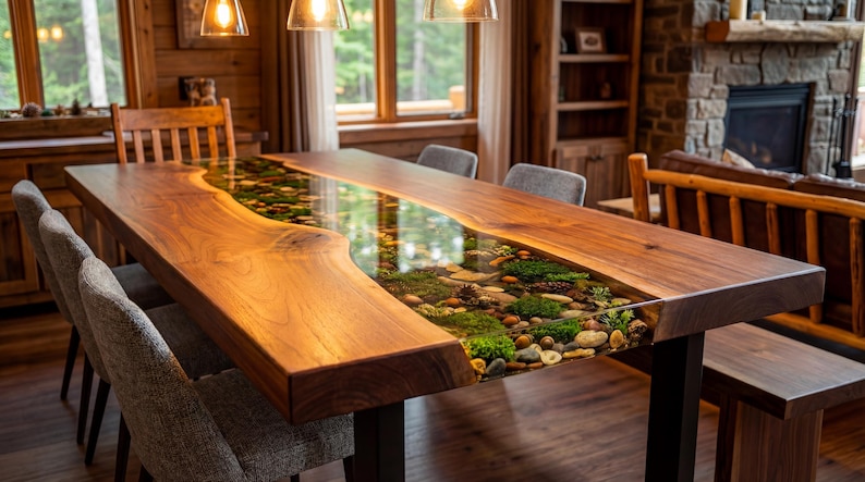 May include: A large, rectangular wooden dining table with a clear resin river running through the center. The river is filled with stones, moss, and small plants. The table is surrounded by chairs and a bench.