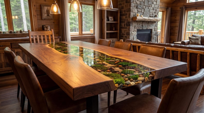 May include: A large wooden dining table with a river-like design. The table features a live edge and a clear resin center filled with stones, moss, and plants. Brown leather chairs surround the table, creating a rustic and natural aesthetic.