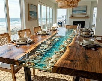 Ocean Epoxy Walnut Dining Table Starfish & Seashell Resin Table Live Edge River Table Beach Theme Luxury Wood Table Custom Handmade Furnitur
