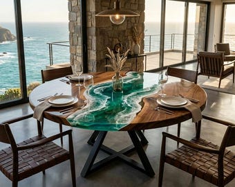 Round Walnut Epoxy River Dining Table, Ocean Wave Resin Table, Luxury Farmhouse Dining Table, Handmade Live Edge Wood Table, Modern Coastal