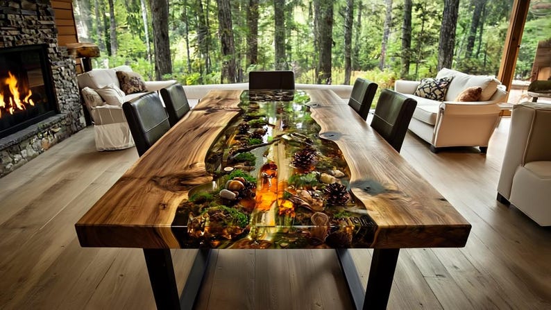 May include: A large, handcrafted wooden dining table with a river-like epoxy resin center filled with natural elements. The table features a live edge design, black metal legs, and is surrounded by chairs.