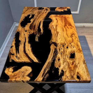 Handmade Olive Wood Epoxy River Table: Custom Live Edge Design